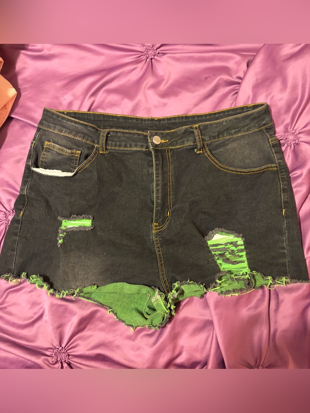 SHEIN Black Distressed Denim Shorts with Green Underlay